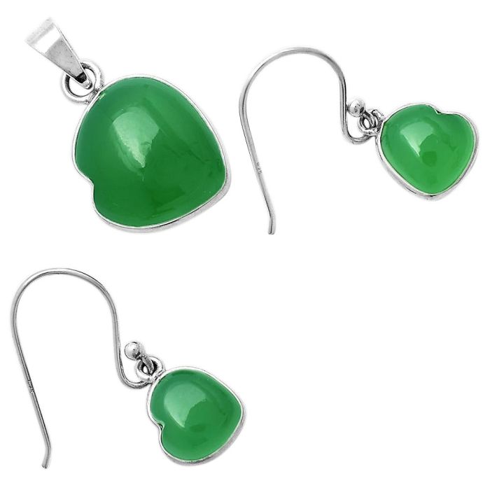 Valentine Gift Heart Natural Green Onyx Pendant Earrings Set DGT01046 T-1004