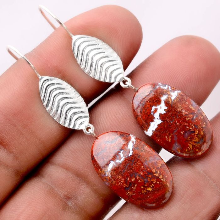 Feather - Natural Red Moss Agate Earrings SDE32522 E-5139, 14x22 mm