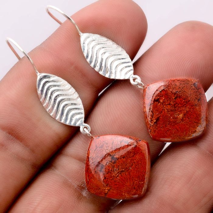 Feather - Natural Red Moss Agate Earrings SDE32527 E-1203, 16x16 mm