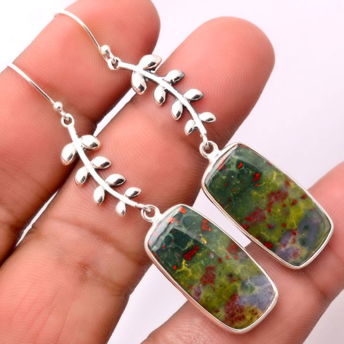 Leaves - Natural Blood Stone - India Earrings SDE32802 E-1238, 12x24 mm