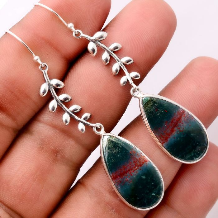 Leaves - Natural Blood Stone - India Earrings SDE32832 E-1238, 13x24 mm