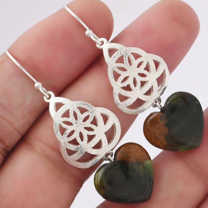 Valentine Gift Artisan - Heart Turkish Rainforest Chrysocolla Earrings SDE52491 E-1108, 15x16 mm