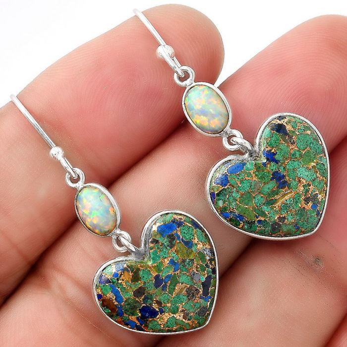 Heart Kingman Turquoise Azurite Malachite & Fire Opal Earrings SDE53557 E-1023, 15x16 mm