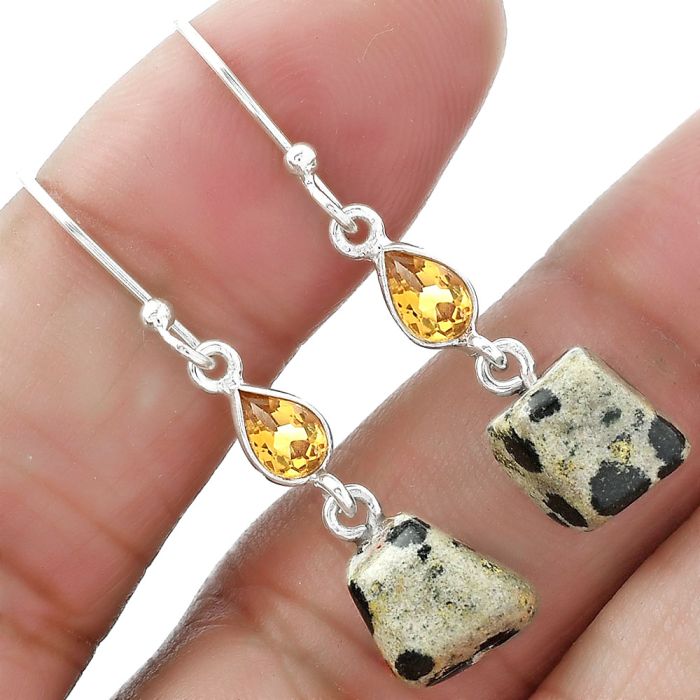 Natural Dalmatian and Citrine Earrings SDE60400 E-1011, 8x9 mm