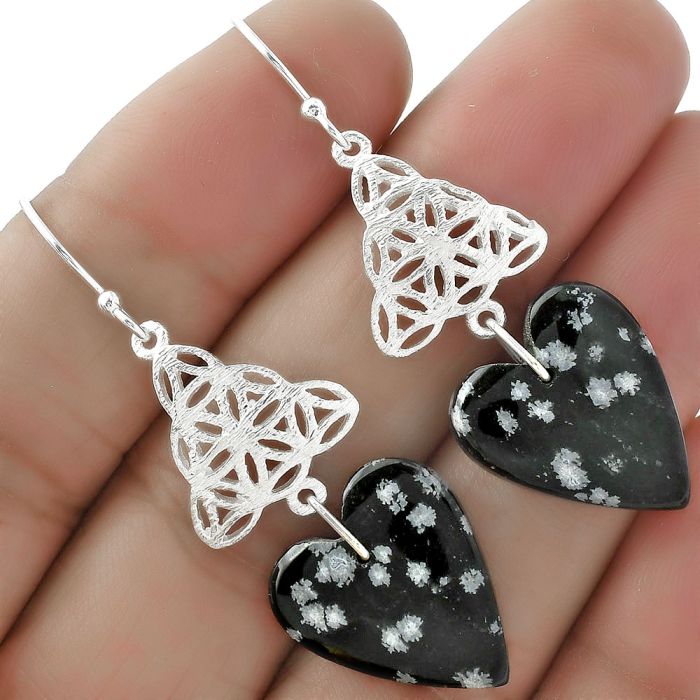 Heart Natural Snow Flake Obsidian Earrings SDE61053 E-1108, 16x19 mm