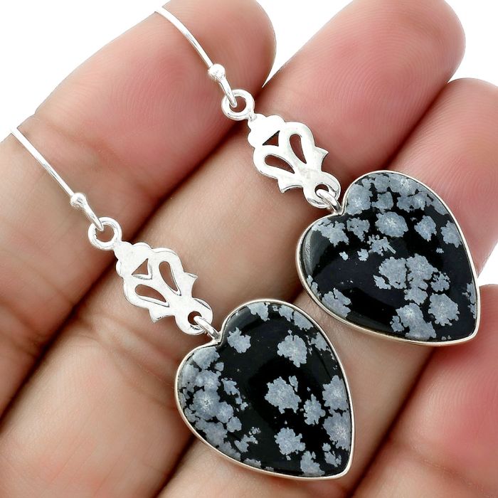 Heart Natural Snow Flake Obsidian Earrings SDE61441 E-1094, 17x20 mm