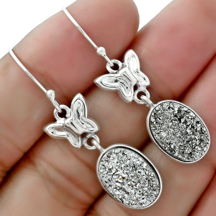 Butterfly - Natural Platinium Druzy Earrings SDE61473 E-1080, 10x14 mm
