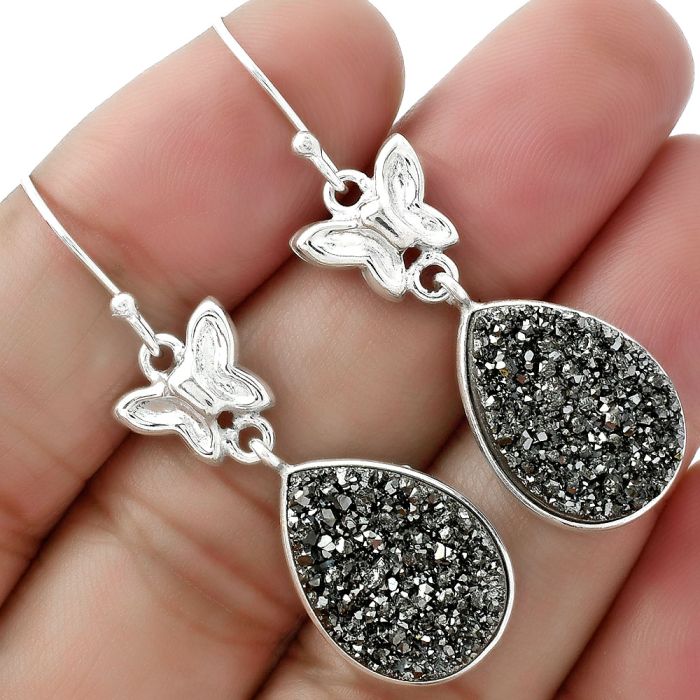 Butterfly - Natural Platinium Druzy Earrings SDE61486 E-1080, 13x18 mm