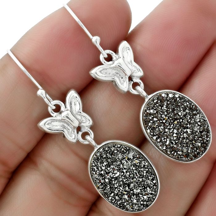 Butterfly - Natural Platinium Druzy Earrings SDE61489 E-1080, 12x16 mm