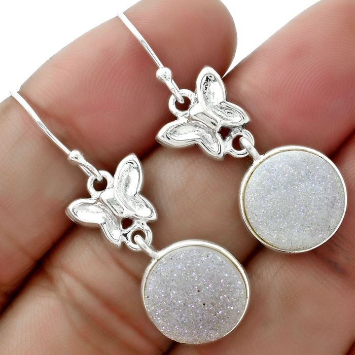 Butterfly - White Snow Agate Druzy Earrings SDE61510 E-1080, 12x12 mm