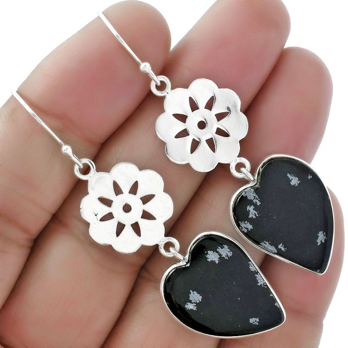 Valentine Gift Heart Natural Snow Flake Obsidian Earrings SDE61587 E-1094, 16x21 mm