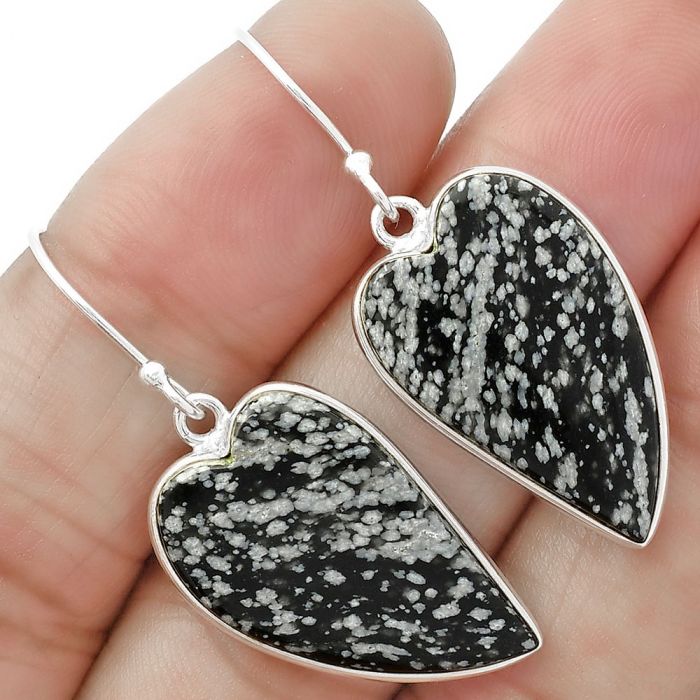 Heart Natural Snow Flake Obsidian Earrings SDE63274 E-1022, 15x25 mm