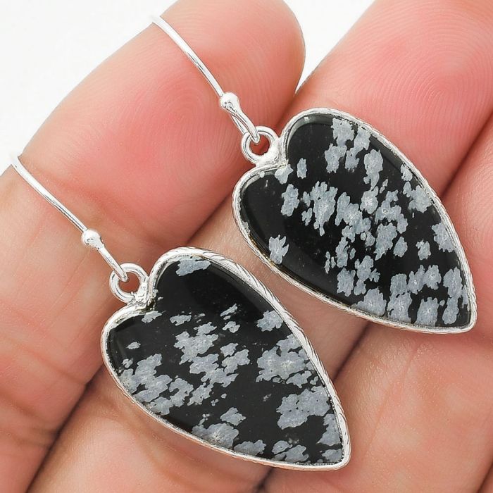 Heart Natural Snow Flake Obsidian Earrings SDE63675 E-1022, 15x24 mm