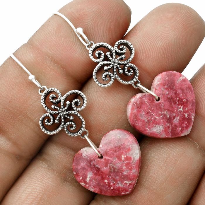 Valentine Gift Artisan - Heart Pink Thulite - Norway Earrings SDE65095 E-1235, 18x19 mm