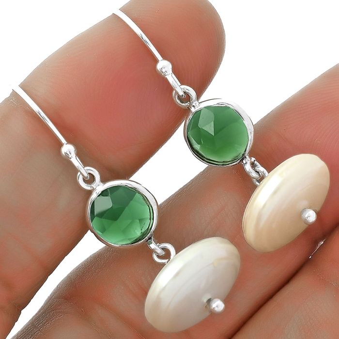 Natural Fresh Water Pearl & Green Onyx Earrings SDE65587 E-1012, 14x14 mm