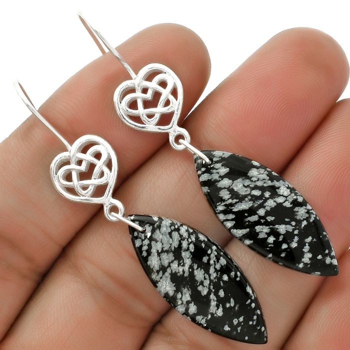 Celtic - Natural Snow Flake Obsidian Earrings SDE66230 E-5149, 12x28 mm