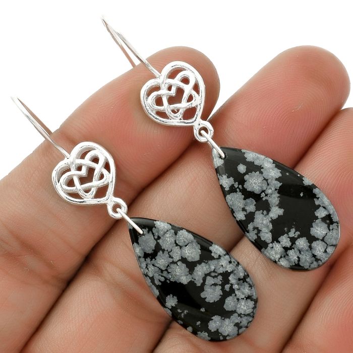 Celtic - Natural Snow Flake Obsidian Earrings SDE66231 E-5149, 14x26 mm