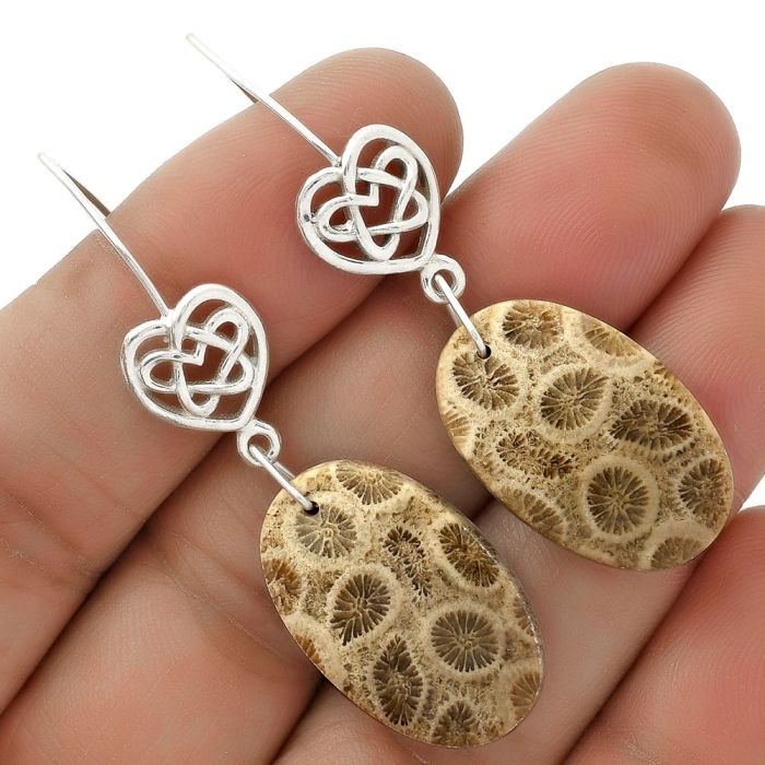 Celtic - Natural Flower Fossil Coral Earrings SDE66484 E-5149, 15x24 mm