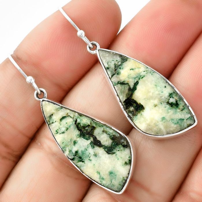 Natural Tree Weed Moss Agate - India Earrings SDE68732 E-1001, 12x28 mm