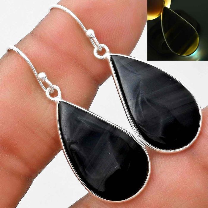 Natural Black Lace Obsidian Earrings SDE69686 E-1001, 14x25 mm