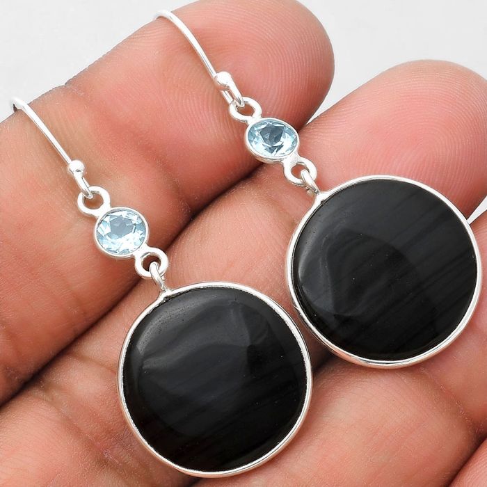 Black Lace Obsidian & Sky Blue Topaz Earrings SDE70306 E-1002, 18x18 mm