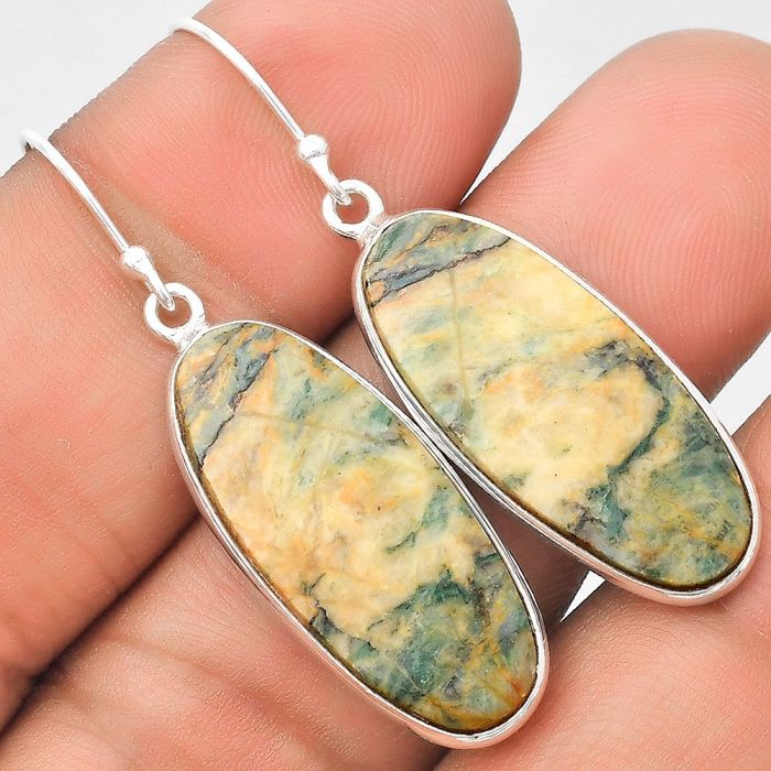 Natural Tree Weed Moss Agate - India Earrings SDE70411 E-1001, 12x28 mm