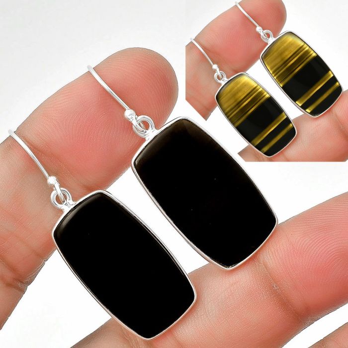 Natural Black Lace Obsidian Earrings SDE70529 E-1001, 14x25 mm