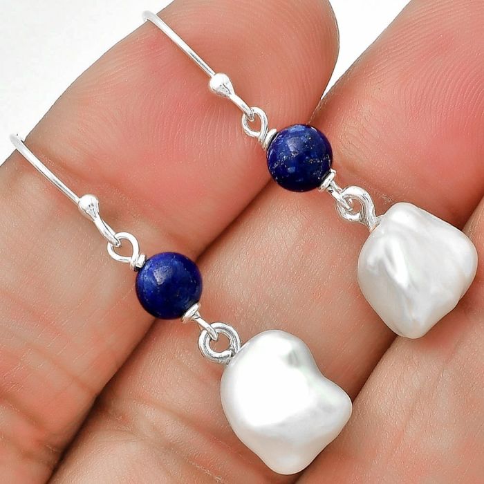 Natural Fresh Water Biwa Pearl & Lapis Lazuli Earrings SDE70553 E-1010, 9x11 mm