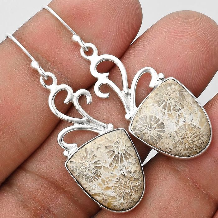Natural Flower Fossil Coral Earrings SDE70889 E-1212, 14x16 mm