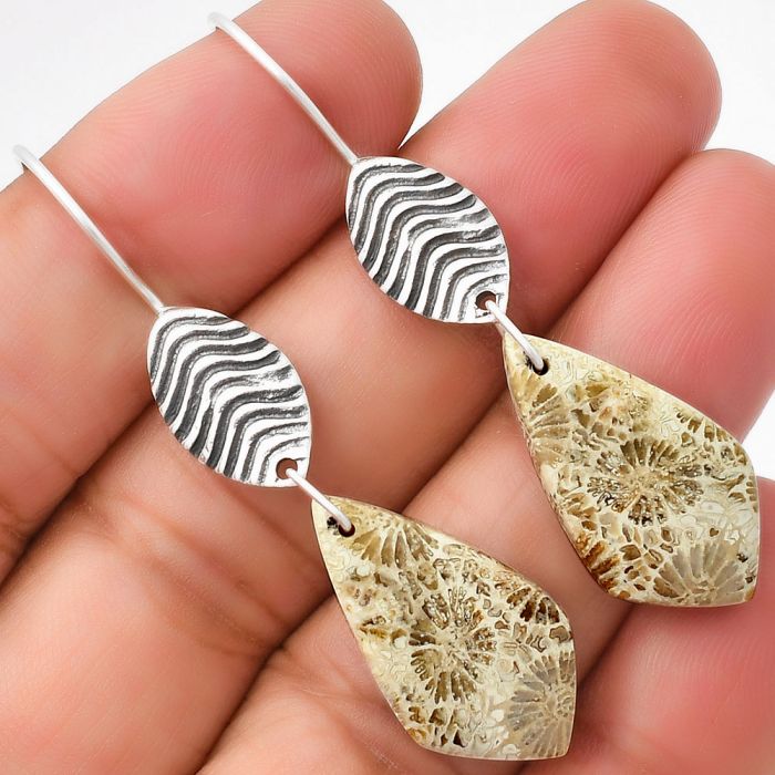 Natural Flower Fossil Coral Earrings SDE71022 E-1203, 13x24 mm