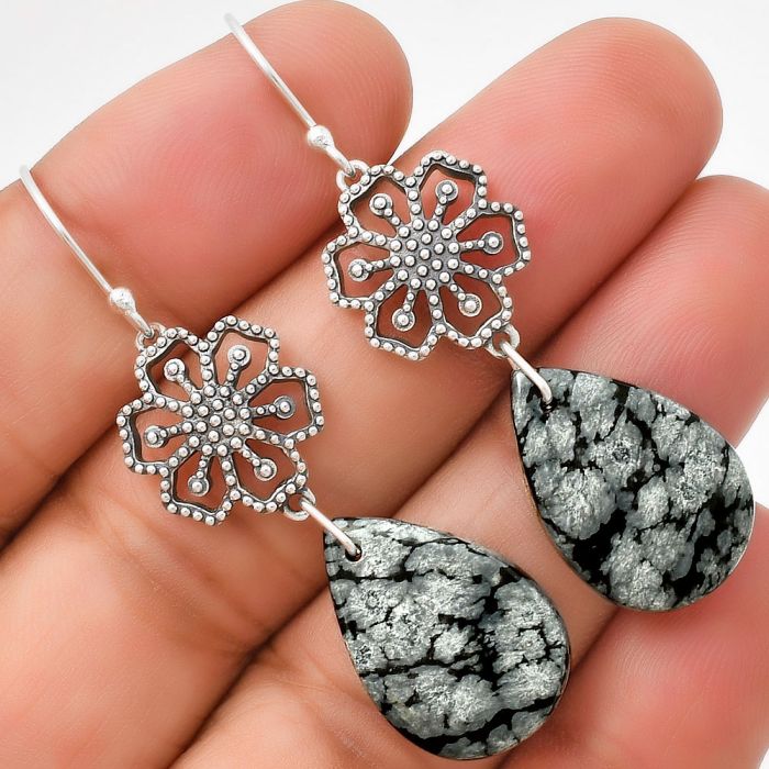 Artisan - Natural Snow Flake Obsidian Earrings SDE71053 E-5171, 14x20 mm