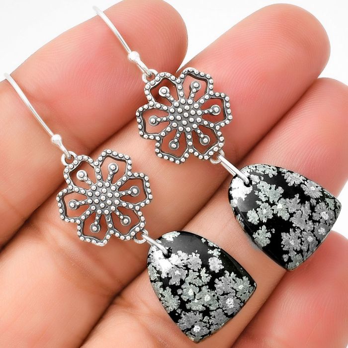 Artisan - Natural Snow Flake Obsidian Earrings SDE71070 E-5171, 13x16 mm