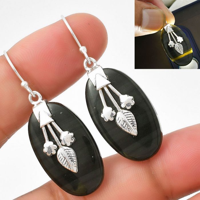 Natural Black Lace Obsidian Earrings SDE71141 E-5169, 15x26 mm