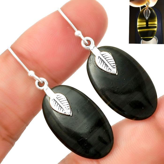 Natural Black Lace Obsidian Earrings SDE71535 E-1137, 14x24 mm