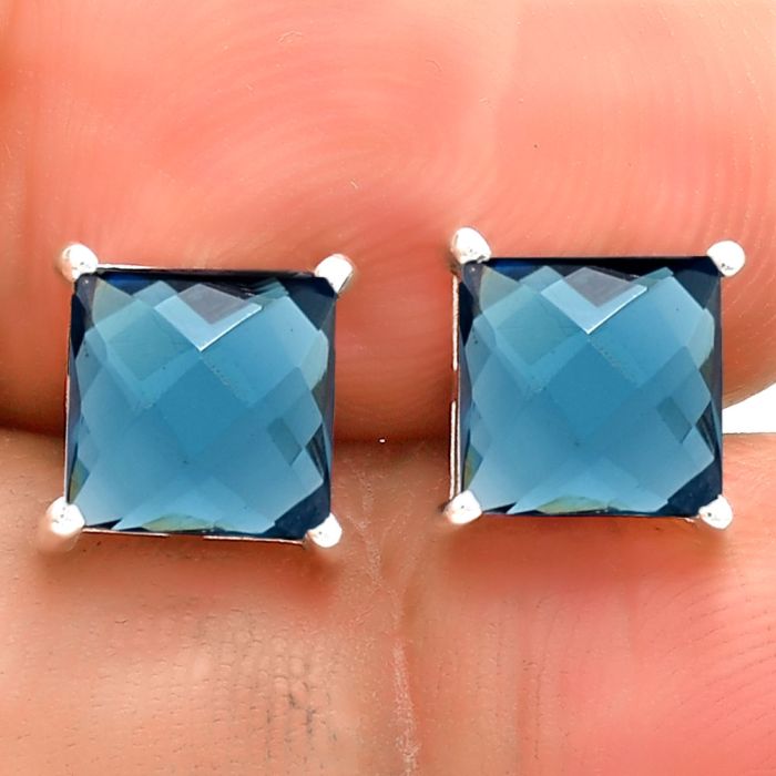 Faceted Lab Created London Blue Topaz Earrings SDE73264 E-1017, 7x7 mm