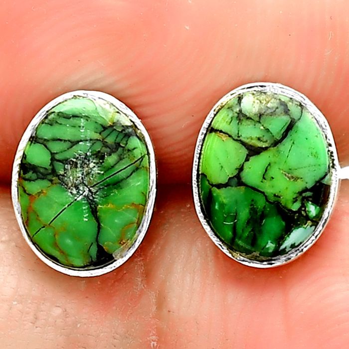Natural Green Matrix Turquoise Stud Earrings SDE73634 E-1016, 6x8 mm
