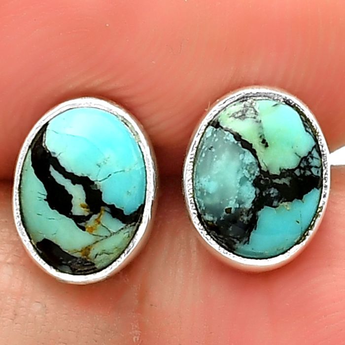 Lucky Charm Tibetan Turquoise Stud Earrings SDE73641 E-1016, 6x8 mm