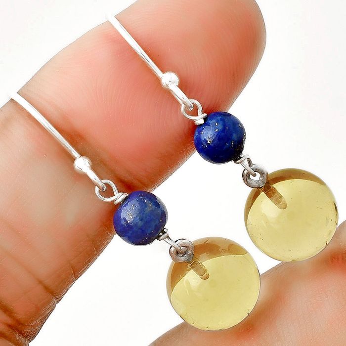 Lemon Quartz Ball & Lapis Lazuli Earrings SDE73831 E-1010, 10x10 mm