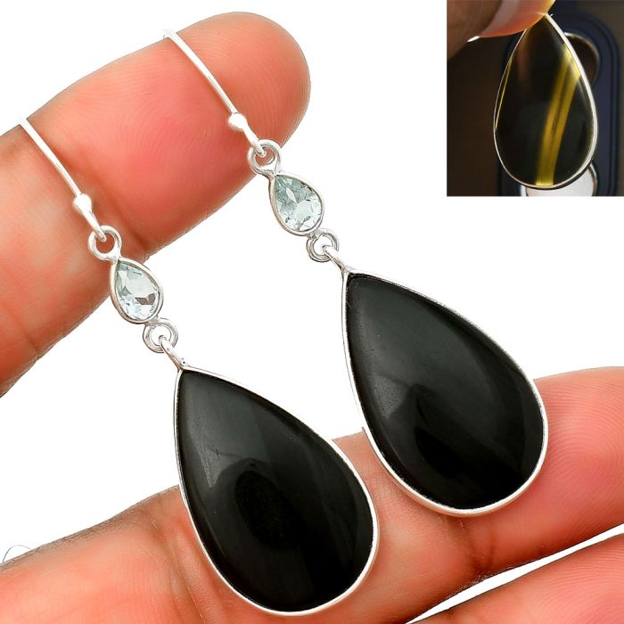 Black Lace Obsidian & Sky Blue Topaz Earrings SDE73975 E-1002, 15x25 mm