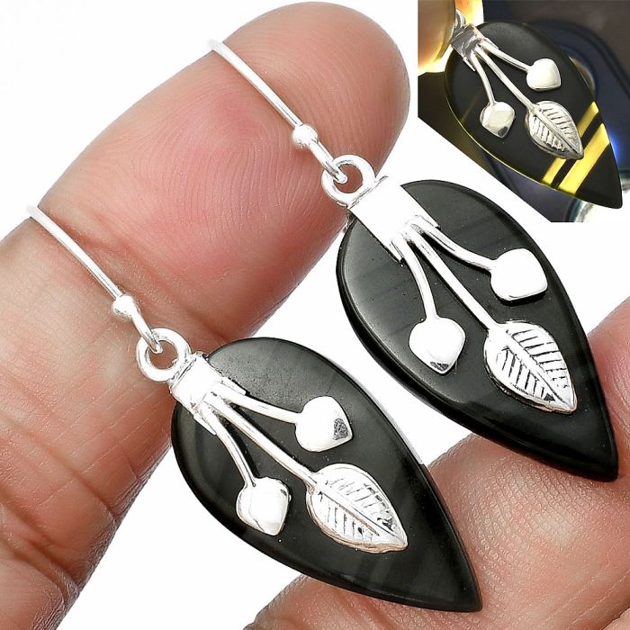 Black Lace Obsidian Earrings SDE75413 E-1233, 14x25 mm