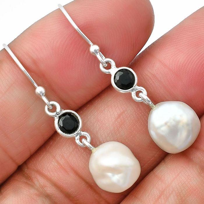 Natural Fresh Water Biwa Pearl and Black Onyx Earrings SDE75492 E-1011, 9x10 mm