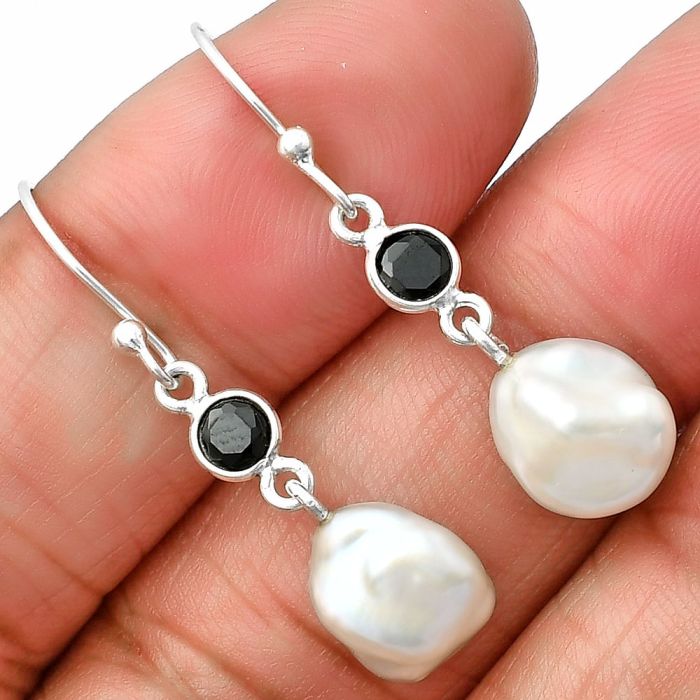 Natural Fresh Water Biwa Pearl and Black Onyx Earrings SDE75493 E-1011, 9x10 mm