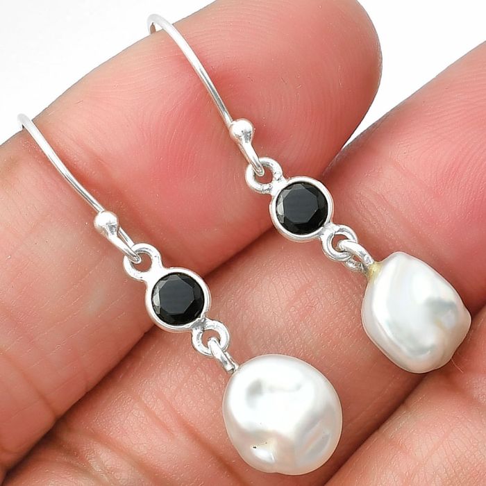 Natural Fresh Water Biwa Pearl and Black Onyx Earrings SDE75497 E-1011, 9x9 mm