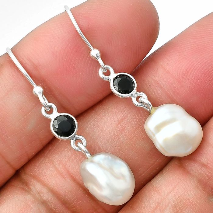Natural Fresh Water Biwa Pearl and Black Onyx Earrings SDE75498 E-1011, 9x10 mm