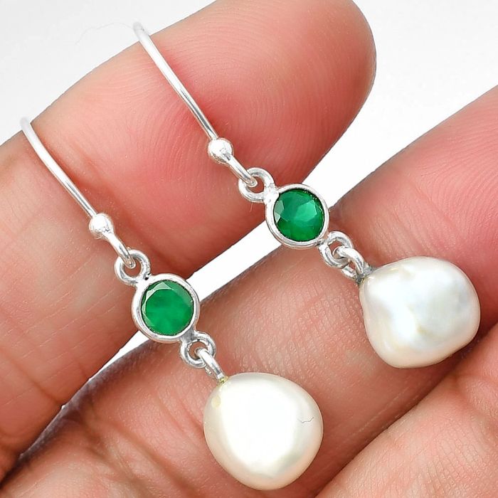 Natural Fresh Water Biwa Pearl and Green Onyx Earrings SDE75500 E-1011, 9x9 mm