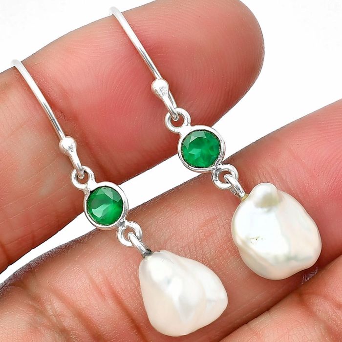 Natural Fresh Water Biwa Pearl and Green Onyx Earrings SDE75502 E-1011, 9x10 mm