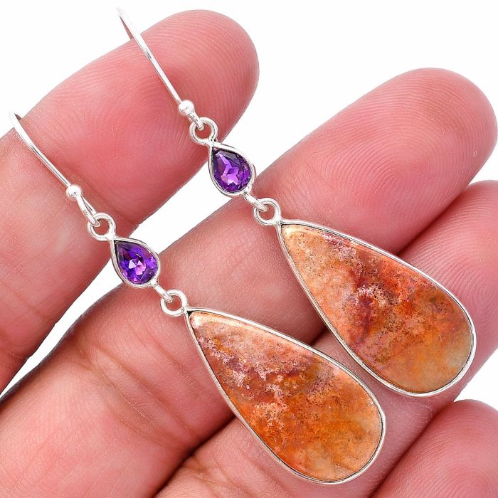 Red Moss Agate and Amethyst Earrings SDE80676 E-1002, 12x25 mm