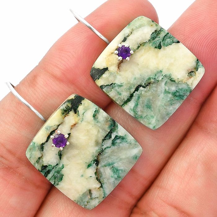 Tree Weed Moss Agate and Amethyst Earrings SDE82035 E-1082, 19x20 mm