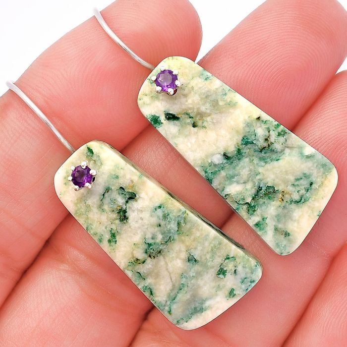 Tree Weed Moss Agate and Amethyst Earrings SDE82039 E-1082, 14x31 mm