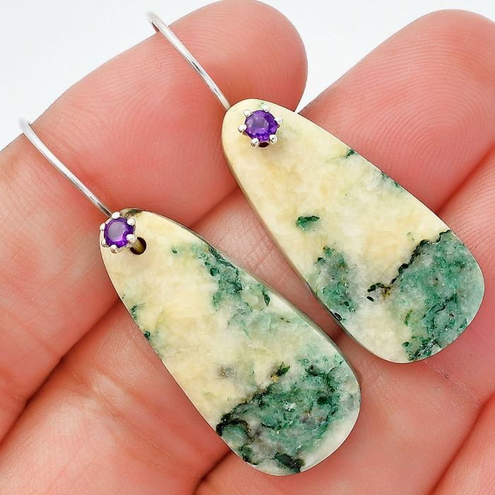 Tree Weed Moss Agate and Amethyst Earrings SDE82053 E-1082, 14x30 mm
